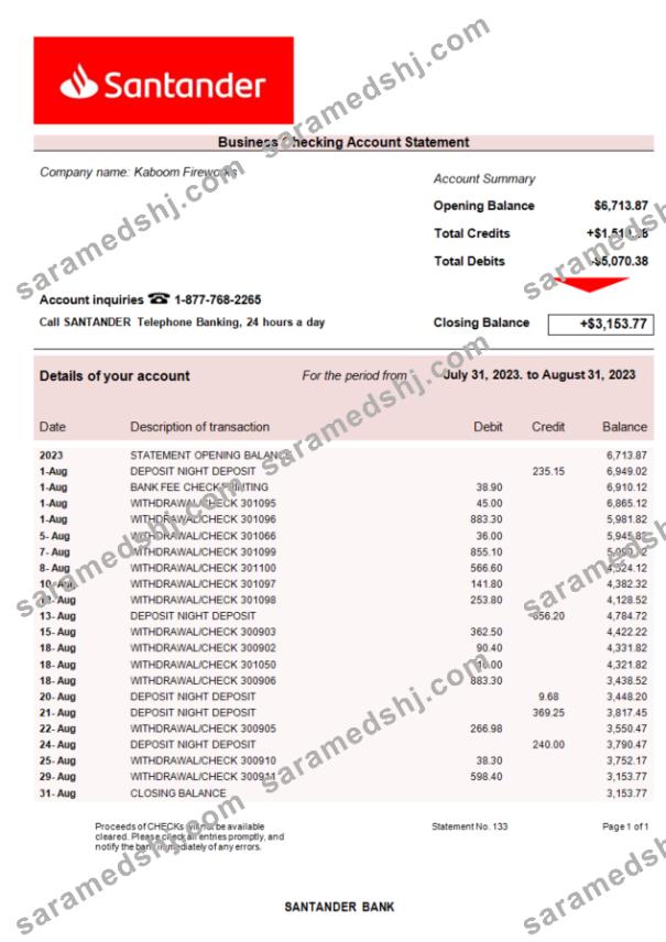 Santander Bank company account statement Word and PDF template